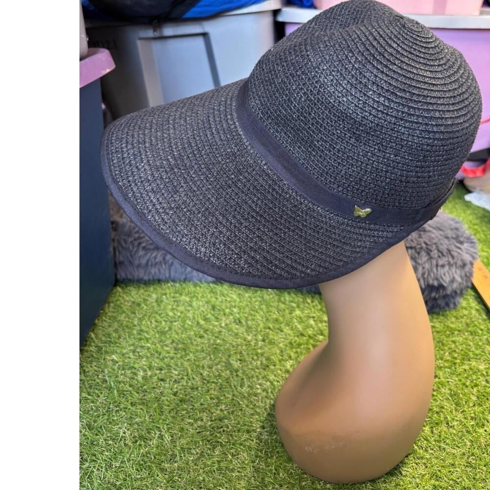 Womens Wide Brim Sun Hat Black Summer Travel Beach Garden Butterfly Accent - Picture 6 of 10